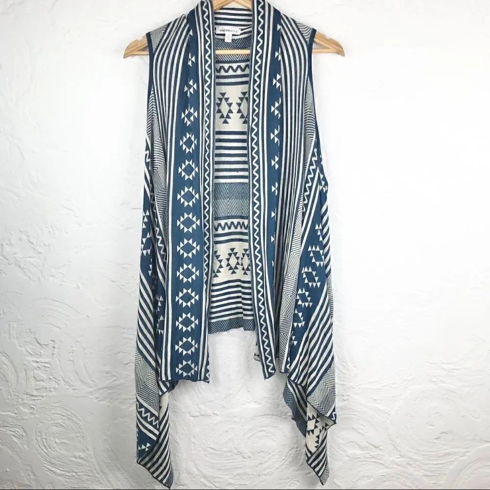 Roommates Blue Aztec print waterfall knit boho vest NEW